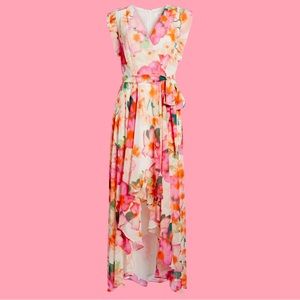 ELIZA J FLORAL CHIFFON FAUX WRAP SURPLICE V NECK DRESS